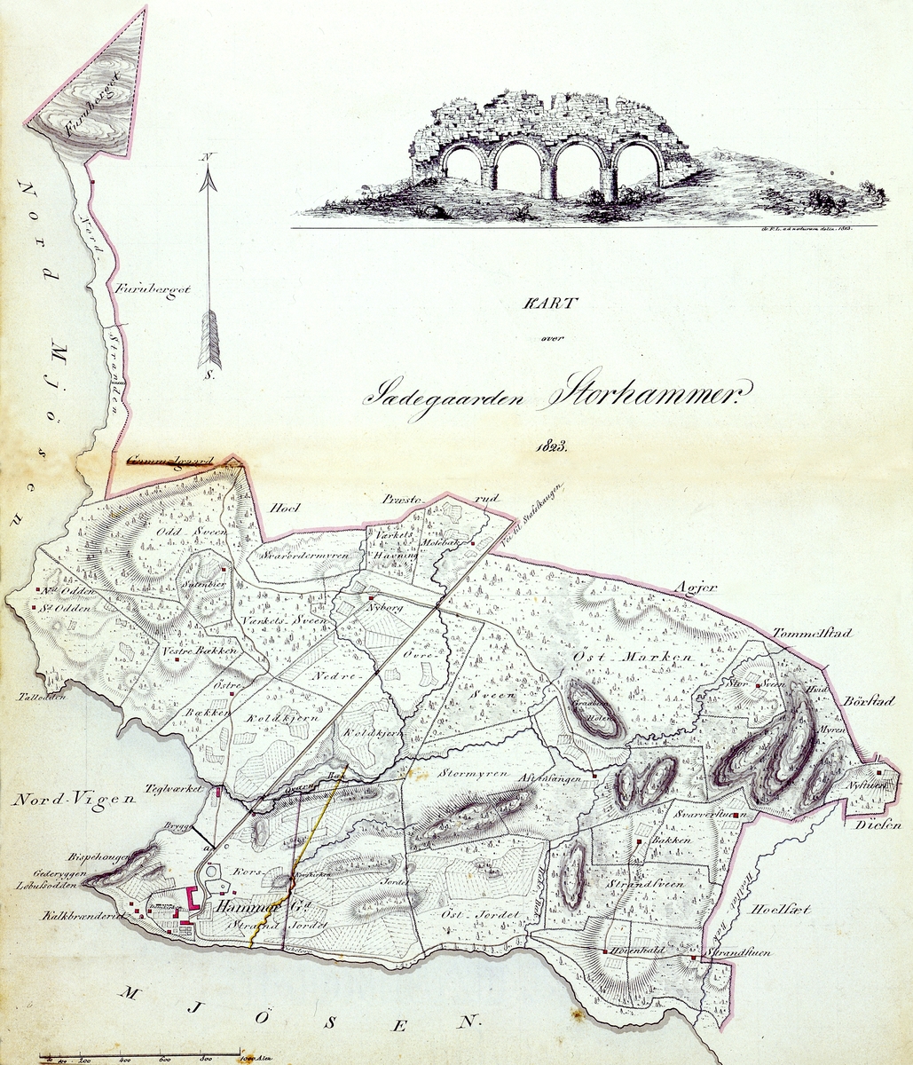 Hamar, kart over Storhamar gård med husmannsplasser i 1823, tegning av Domkirkeruinen, Storrhamar setegård,