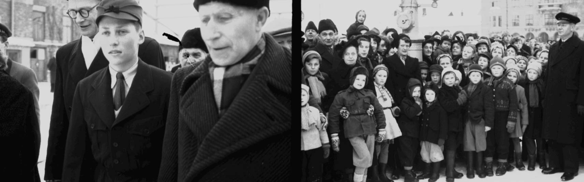 Hamar stasjon, prins Harald ankommer til europamesterskapet på skøyter 1953, fylkesmann Nordanger t.h.