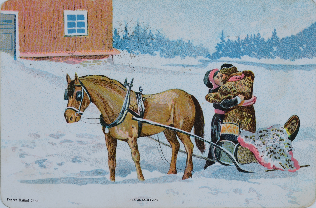 Julekort. Hest med slede, hjem til jul. 