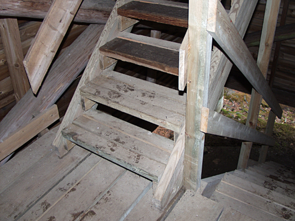 Skogbrannvakttårnet på Hauknesfjellet i Rømskog i Østfold.  Fotografiet ble tatt i forbindelse med oppmålingsarbeid da Norsk Skogmuseum begynte å arbeide med planer om å bygge en kopi av tårnet på museumsområdet i Elverum. 

Tårnet på Hauknesfjellet ligger 335 meter over havet med fin utsikt over vide skogtrakter.  Det første tårnet på dette stedet ble reist i 1909, det neste i 1928.  Det avbildete tårnet skal etter informasjon i forsikringsselskapet Skogbrands arkiver å dømme være bygd i 1953.  Det er reist på et skjellett av stolper (rundtømmer) som er kledd med rødmalt horisontal bordkledning (vestlandspanel).  I den øvre delen av tårnet er det innredet to rom - et oppholdsrom med utvendig balkong på fire sider og et overliggende utkikksrom under en takhatt med vinduer i alle himmelretninger.  Dette fotografiet viser den nedre delen av den innvendige trappa fra første til andre repos. 