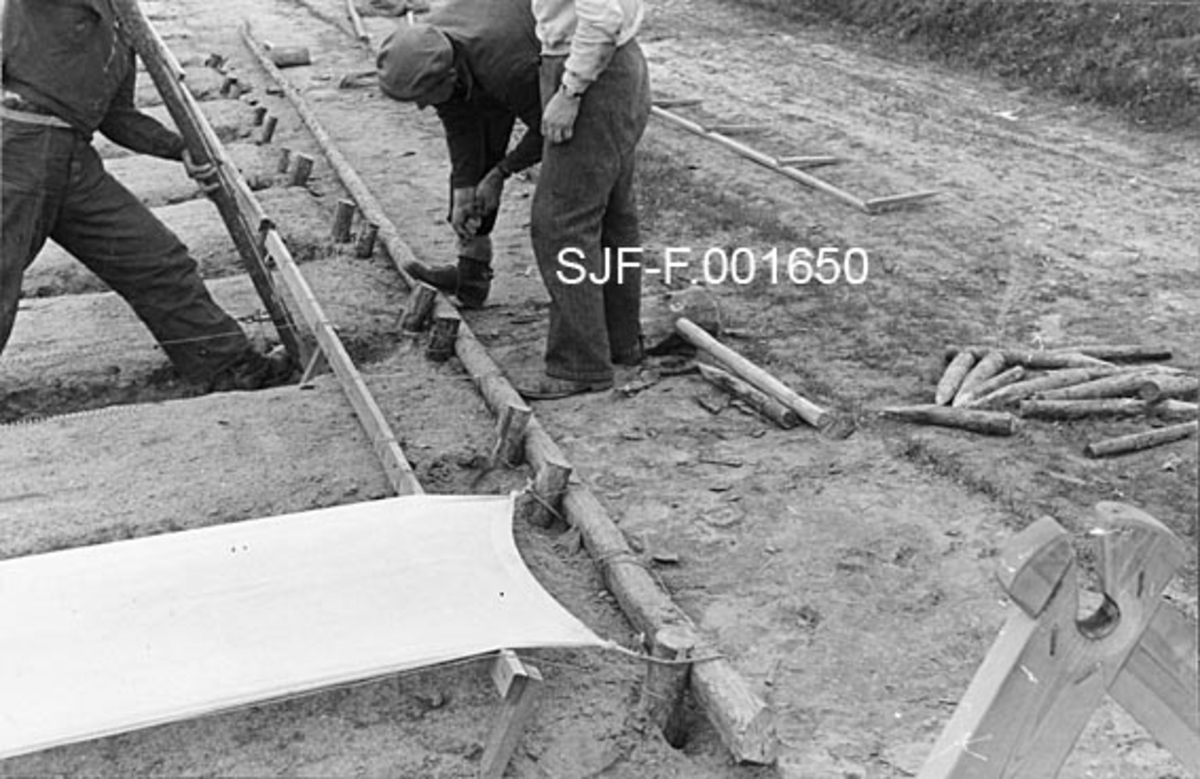 Festing av dekkmateriale over plantesenger ved skogplanteskolen på Sønsterud i Åsnes, Hedmark, slik det foregikk i 1940.  Ved enden av feltet med såsenger slås det ei rekke med skråttstilte pæler ned i bakken.  Bak disse pælene legges det rajer, som de gråkvite dukene som dekte såsengene ble bundet fast.  For å hindre at dekkmaterialet ble liggende nedpå såsengene til skade for oppkommende kimplanter, ble duken holdt oppe av horisontale lekter, som var spikret fast til pæler i gangarealene mellom sengene.  Da dette fotografiet ble tatt samarbeidet tre karer om å få dekselet på plass. 

Fotografiet er hentet fra et kartotek som ble samlet av Waldemar Opsahl, som var statskonsulent for skogkultursektoren fra 1936 til sin død i 1954.  Arkivet ble overlatt til Norsk Skogbruksmuseum i Tore Fossums bestyrertid.  Opsahl har antakelig tatt de fleste av bildene i arkivet.  Materialet består av pappkort med opplimte kopier av svart-hvitt-fotografier.  Kortet med dette fotografiet på er merket "A. K. 14" og "(790)".  En pålimt gul lapp har følgende tekst:

"Sønsterud Planteskole. Dekkmaterialet befestigelse.  W. O. fot. 1940. "
