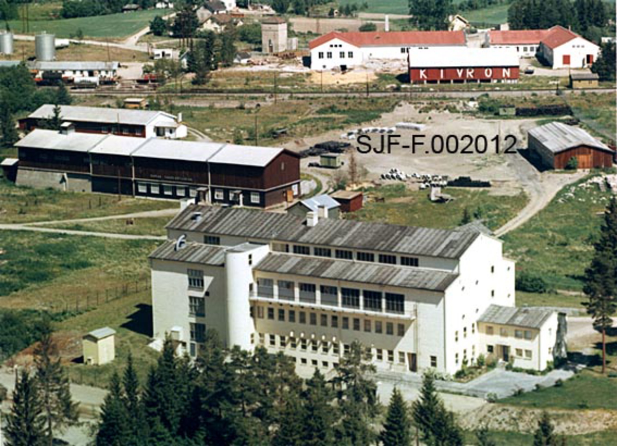 Flyfotografi av Statens skogfrøverk på Martodden ved Hamar, sett fra vest.  Fotografiet er tatt i anleggstida, muligens i 1952.  Frøverksbygget ble reist på den om lag 1000 kvadratmeter store kjelleren til det som mot slutten av 1. verdenskrig ble påbegynt som valseverkskomplekset til Hamar stålverk.  Denne bedriften gikk konkurs før anlegget var ferdigbygd.  Under krigen bygde de tyske okkupasjonsstyrkene et provisorisk trehus oppå kjelleren.  Etter at det gamle skogfrøverket på Tommelstads grunn (ved Ringgata) ble ødelagt av brann i 1946, flyttet Statens skogfrøverk hit.  Nybygget ble tegnet av arkitekt Bjarne Solbakken i samråd med frøverkslederen, Charles Delgobe Kohmann.  I tillegg til kjelleren besto det av tre fulle etasjer, samt en noe tilbaketrukket fjerdeetasje.  Inntil gavlen mot sør ble det reist en toetasjes fløy med boligrom for ansatte ved frøverket.  Fra starten av var det skogteknikerne Harald Pedersen og Jens Skaaret som bodde her med sine familier.  Da dette fotografiet ble tatt sto det fortsatt anleggsbrakker i furulunden ved anlegget, og grunnen rundt bygningen er preget av gravearbeid og bygningsavfall. Skogfrøverket på Martodden sto ferdig høsten 1953, og var da et av de største og mest moderne klenganleggene i verden.  Det var reist på et område som var regulert til industriformål, blant annet på grunn av nærheten til Dovrebanen.  Vi skimter traseene øverst til venstre i bildet, foran bygningen som er merket med firmanavnet Kivron.  Dette var en bedrift som produserte brannherdige bygningsplater.  Noe nærmere Skogfrøverket, fortsatt ved venstre bildekant, ligger Hamar sagbladfabrikk.  Ved jordet rett bak Skogfrøverket legges det tak på noe som skulle bli et lagerskur.  Det skogkledde området vest for Birkebeinervegen i forgrunnen har seinere fått ei blanding av bolig- og næringsunksjoner. 