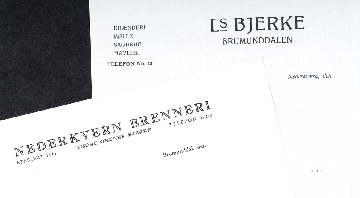 Brevhode. LS Bjerke, Brumunddalen, Nerkvern gård. Brenneri, mølle, sagbruk, høvleri. Nederkværn Brenneri