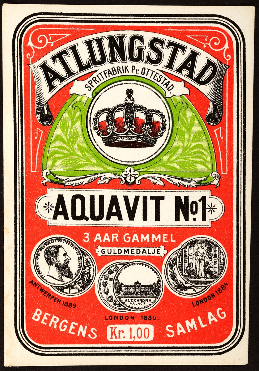 Brennevinsetikett. Spritetikett fra Atlungstad spritfabrik. Aquavit No 1. 
Akevitt etikett. 