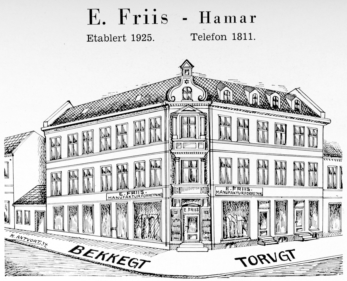 Gammel reklameplakat fra Hamar for E. Friis, manufakturforretning i krysset mellom Bekkegata og Torvgata. 