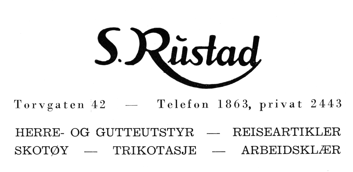 Gammel reklameplakat fra Hamar for S. Rustad. De solgte herre og gutteutstyr, reiseartikler, skotøy, trikotasje og arbeidsklær. 