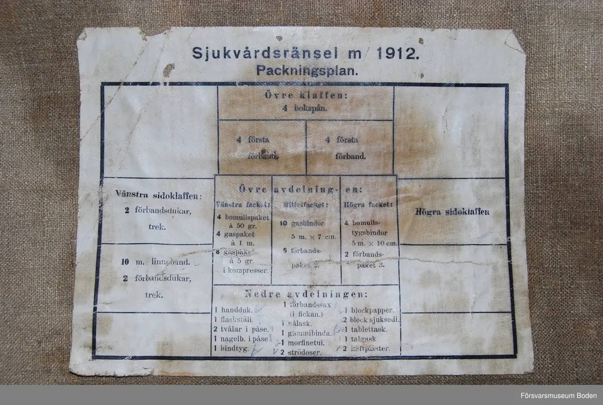 Ränsel av rödbrun smärting avsedd att bäras på ryggen. På locket är en skylt av plåt med påmålat sjukvårdkors fäst. Packplan på lockets insida, men ränseln är utan innehåll. Inuti finns utfällbara klaffar med fickor. I stängt läge hålls klaffarna på plats med en rem.