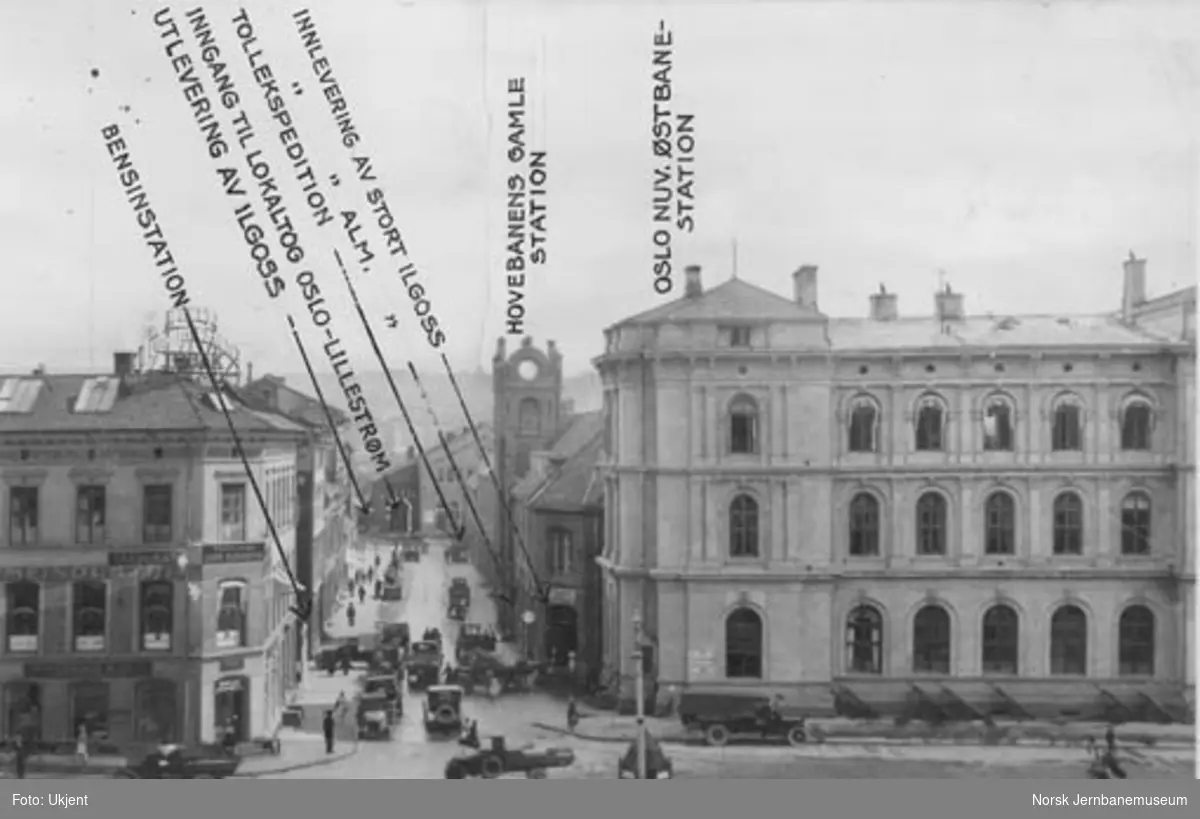 Jernbanegaten i Oslo sett fra Jernbanetorget - tekstet foto