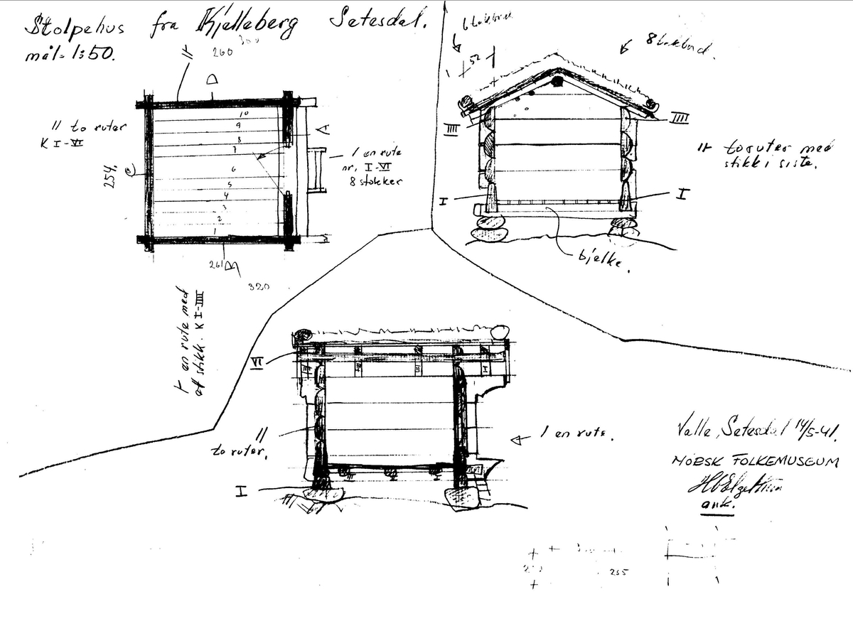 STOLPEHUS FRA KJELLEBERG I VALLE, TROLIG FRA MIDDELALDEREN
Overført til museet 1941, gjenoppført 1941

På noen gårder var det stolpehus i ste¬det for, eller i tillegg til, loft. Stolpehuset hadde samme bruksområde som loftet. Som navnet sier stod det på stolper, eller stabber. Det kunne ha en eller to etasjer.

(Tekst hentet fra By og bygd 42, 2010)