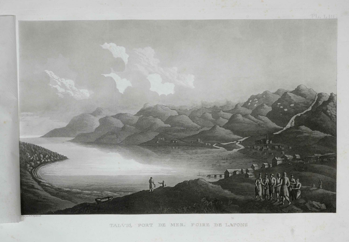 Talvik, Alta, Finnmark. Fjordlandskap med mennesker og bebyggelse.