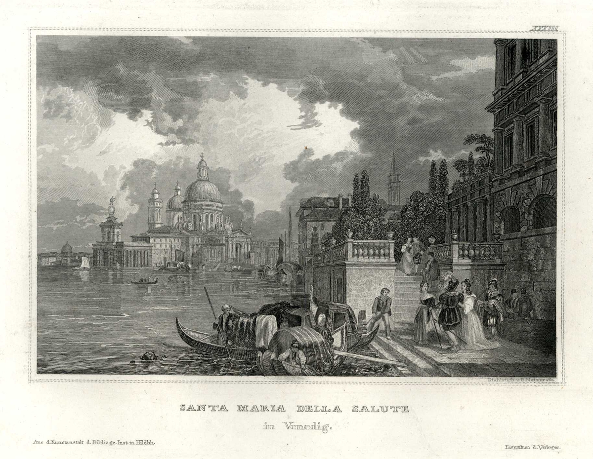 Santa Maria della Salute, Venezia, Italia. Bebyggese, by med folkeliv, gondoler, kanal og kirke