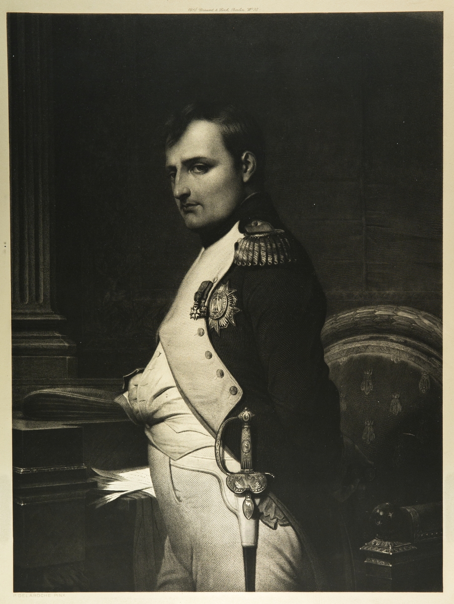 Napoleon i uniform med ordener, halvfigur, venstrevendt.