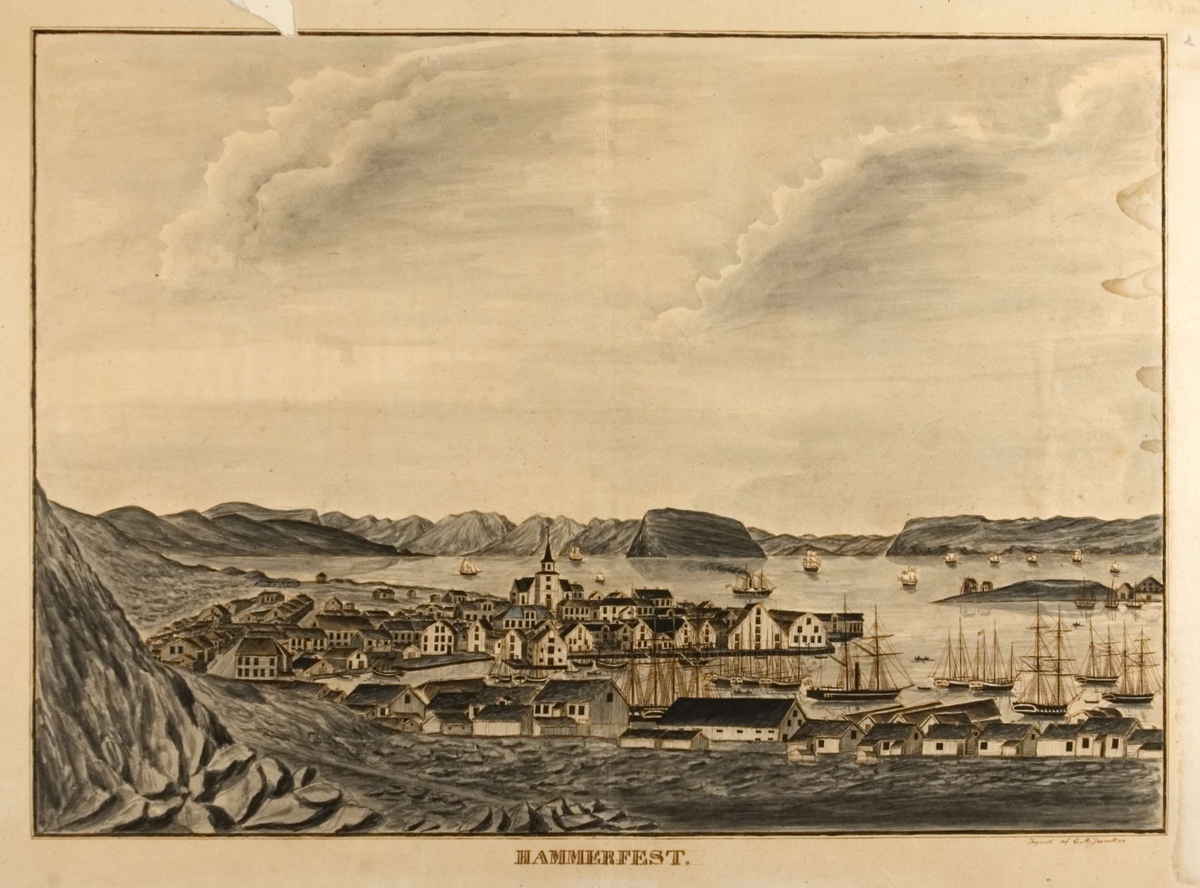 Kystlandskap med bybebyggelse, kirke og seilskuter