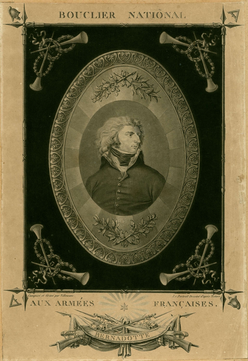 Portrett, brystbilde av Jean B. Bernadotte i oval ramme dekorert med militære symboler og laurbær.