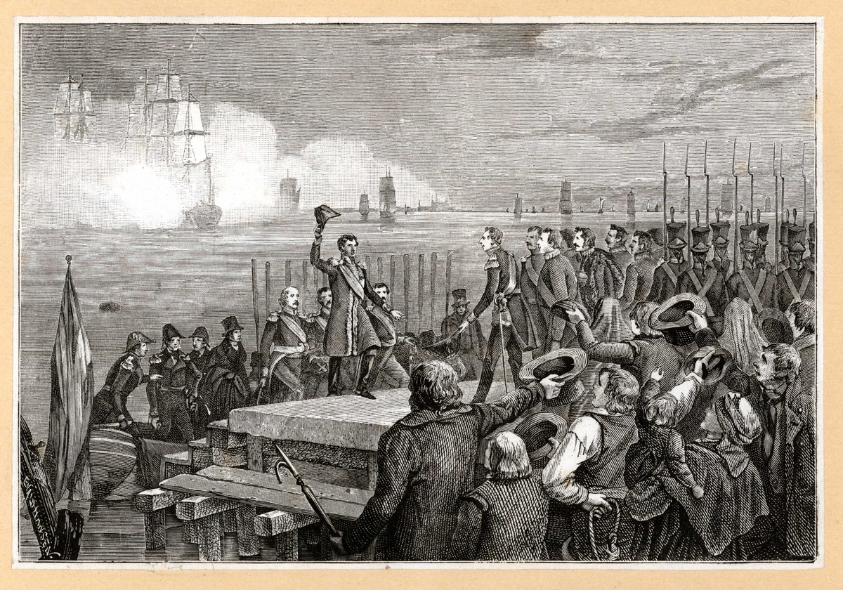 Jean Bernadottes ankomst til Sverige som nyvalgt svensk kronprins i 1810. Mottas av representanter for hoffet og jublende menneskemengde.
