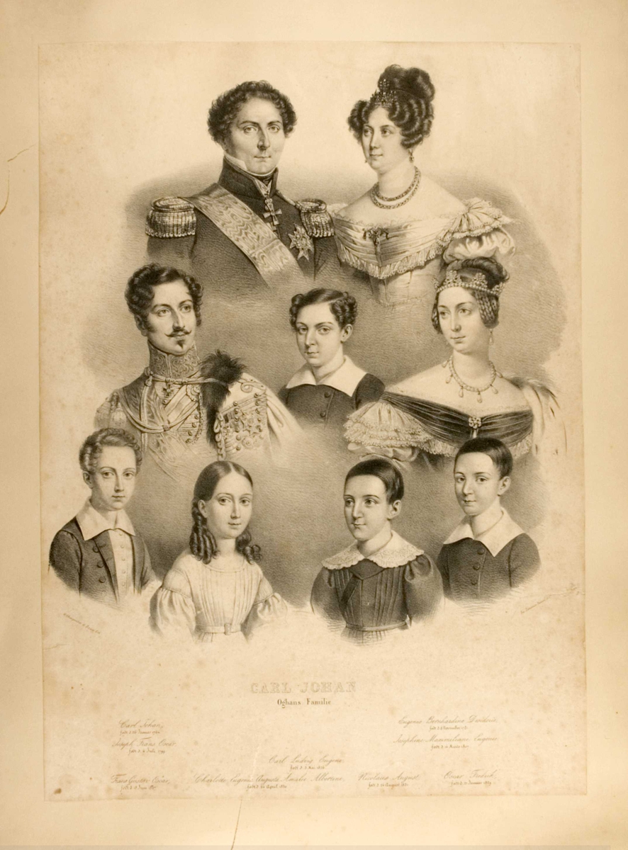 Portretter av Karl Johan og Desideria (Desireè), sønnen Oscar, svigerdatteren Josephine og deres fem barn.