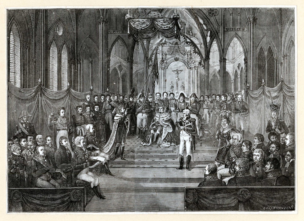 Karl Johans kroning i Nidaros domkirke. Prins Oscar avlegger troskapsed.