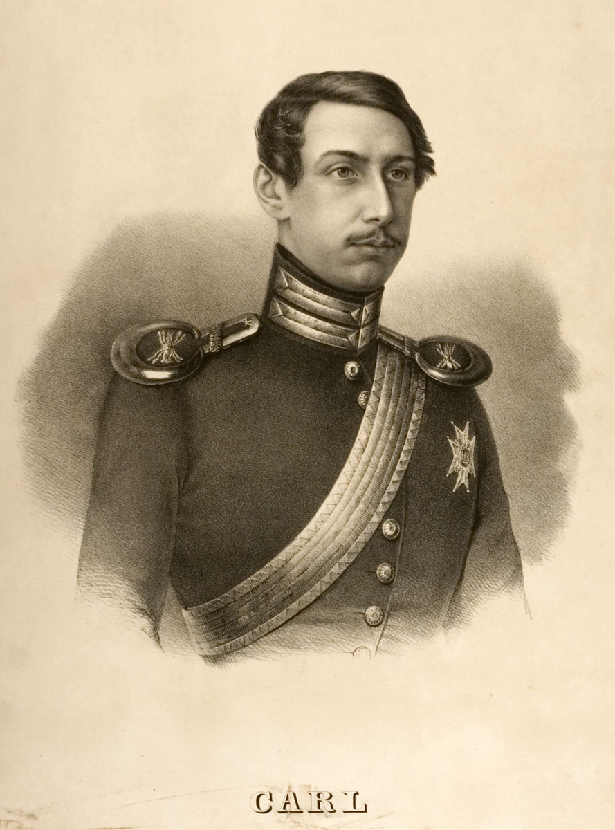 Portrett av Karl XV som ung mann iført uniform med ordensbånd og orden(er)