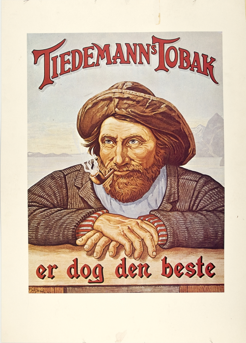 Portrett av "Tiedemannfiskeren" Hans Peter Jacobsen Wiggen med pipe, skjegg og sydvest.