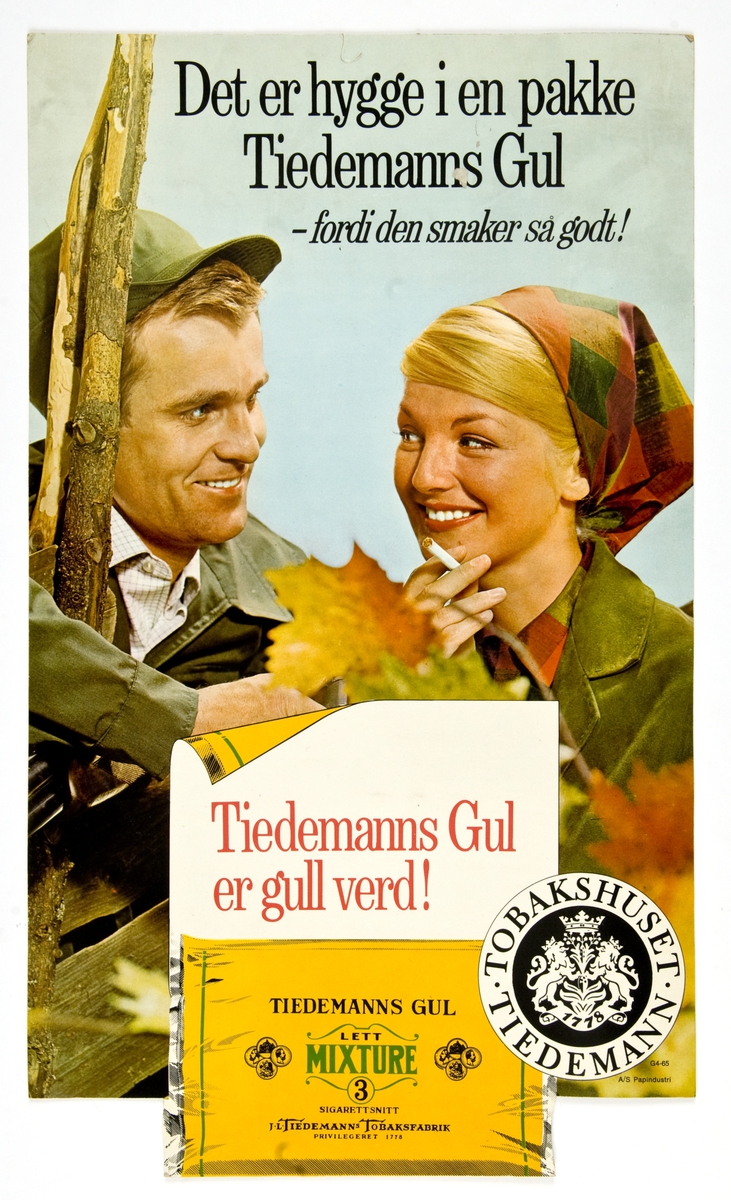 Reklameskilt for Tiedemanns Gul tobakk.