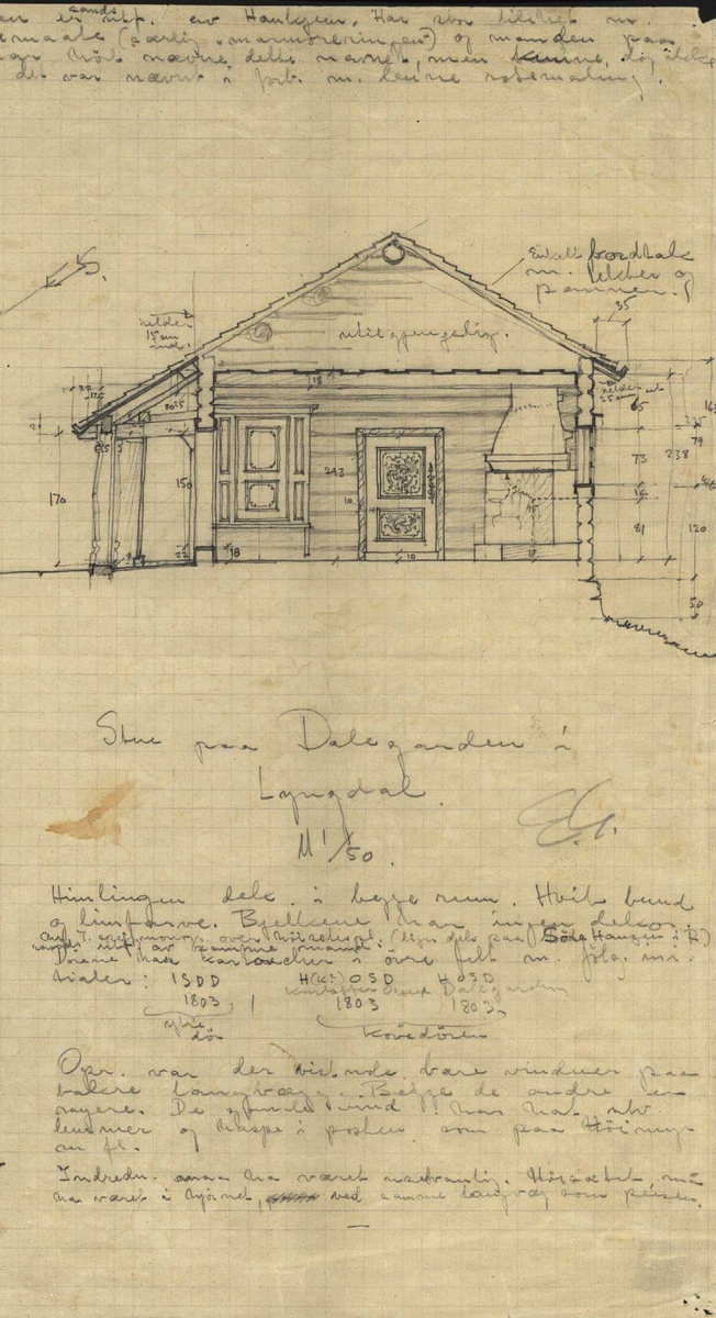 Erling Gjones tegning av stue på Dalegarden, Lyngdal, Flesberg, Buskerud. Plan- og snittegning.