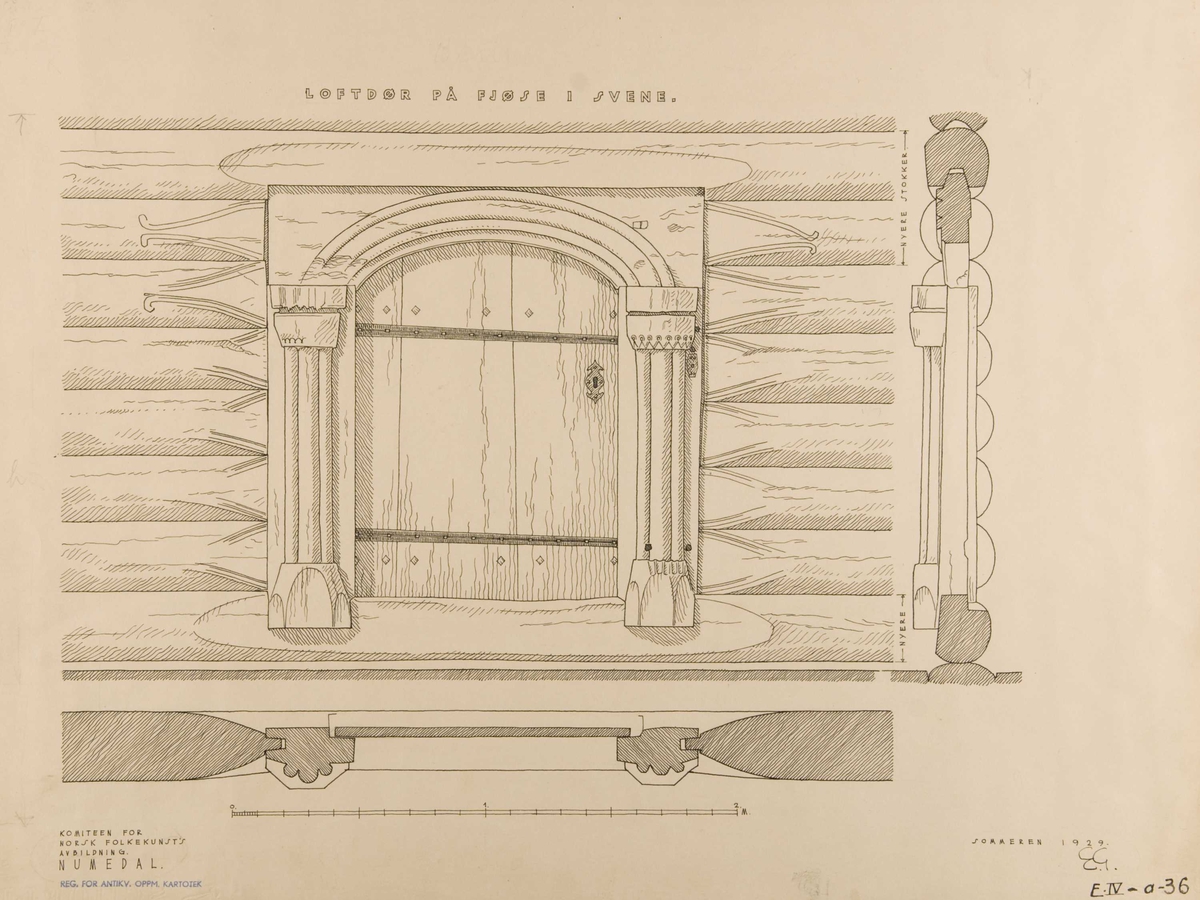 Erling Gjones tegning (1929) av loftdør, Fjøse, Svene, Flesberg, Buskerud.