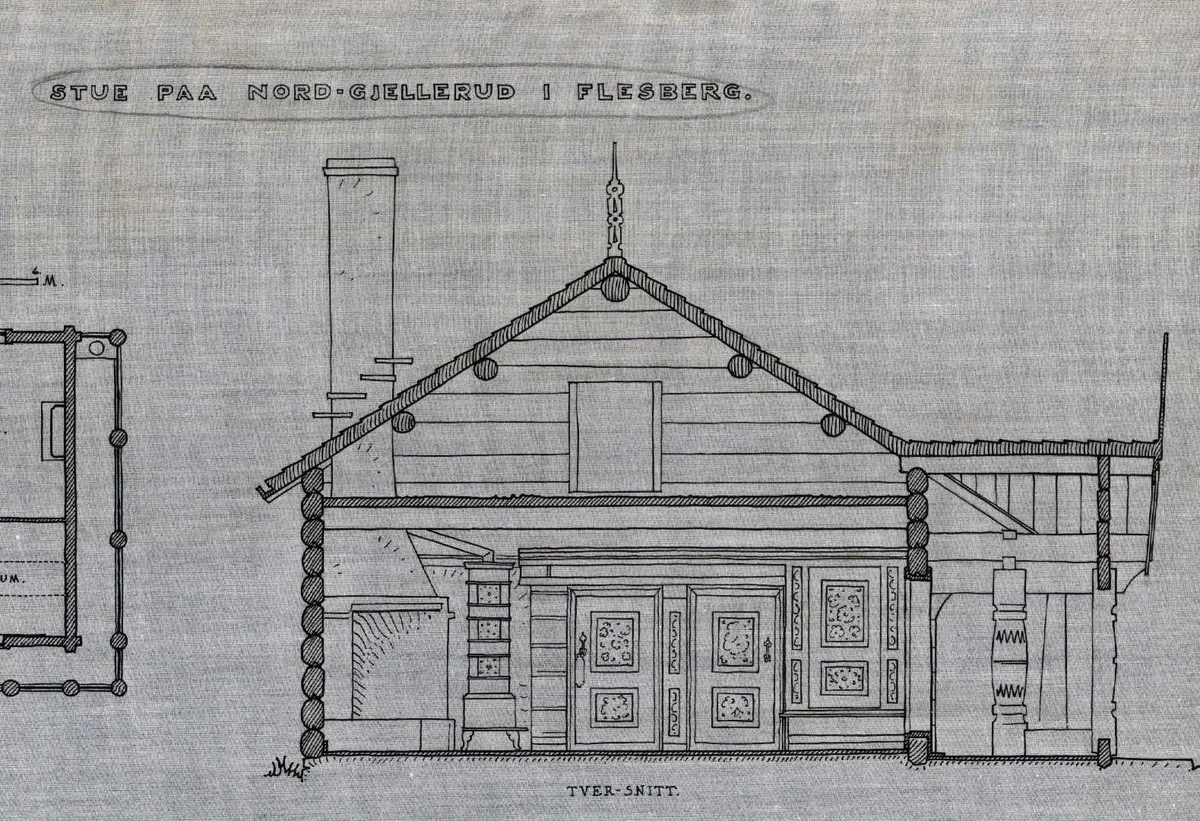 Erling Gjones tegning (1927) av stue fra Nordre Gjellerud, Flesberg, Buskerud. Plan- og snittegning.
