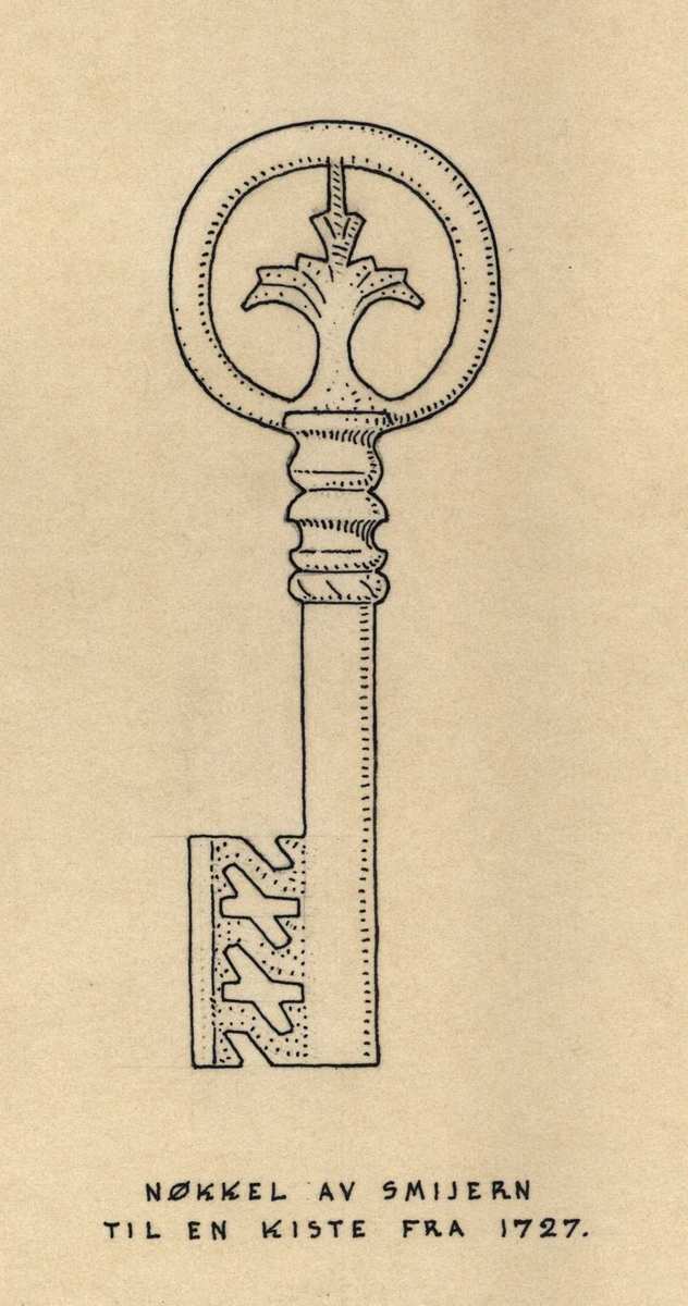 Erling Gjones tegning (1928) nøkkel av smijern til en kiste fra 1727, gravert sølvknapper og punglås av messing, Søre Vangestad, Flesberg, Buskerud. 