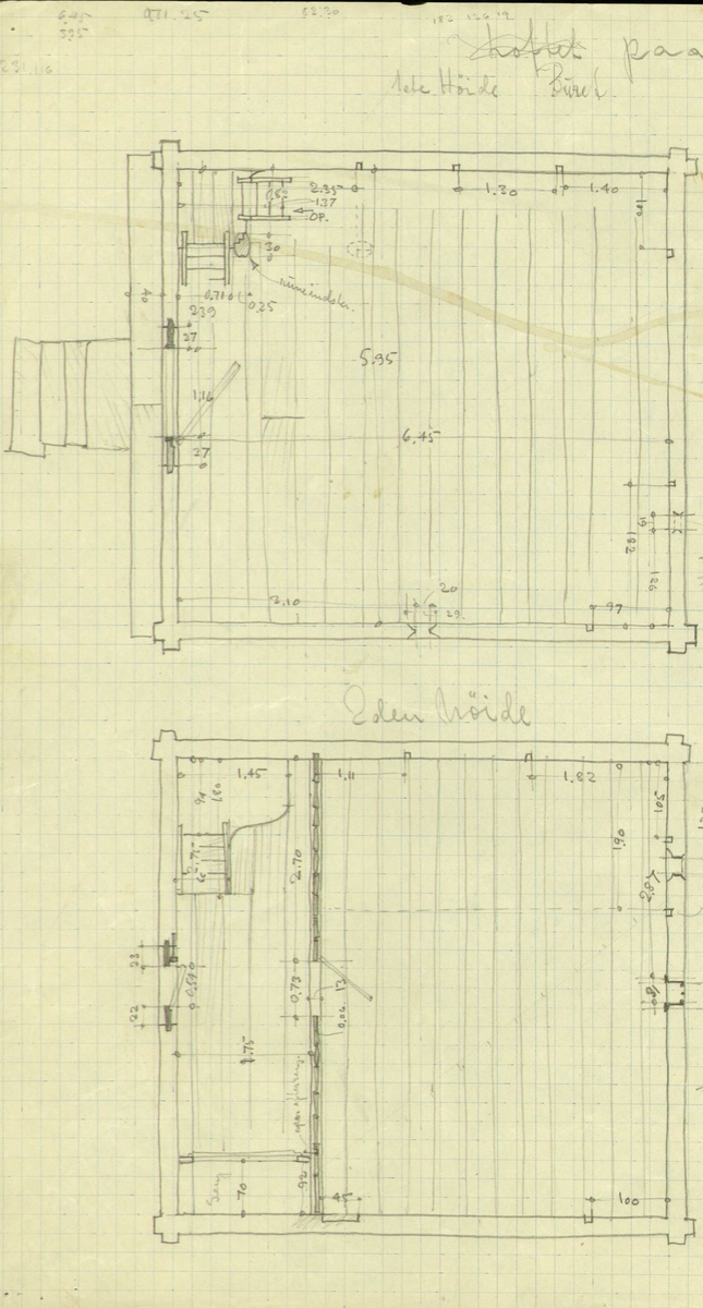 Erling Gjones forarbeid (1927) til oppmåling av loft på Alstad i Rollag, Bukserud. Plan og snittegning.