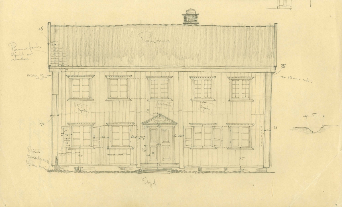 Erling Gjones forarbeid (|1925) til oppmåling av stue på Straumen, Nore og Uvdal, Buskerud.