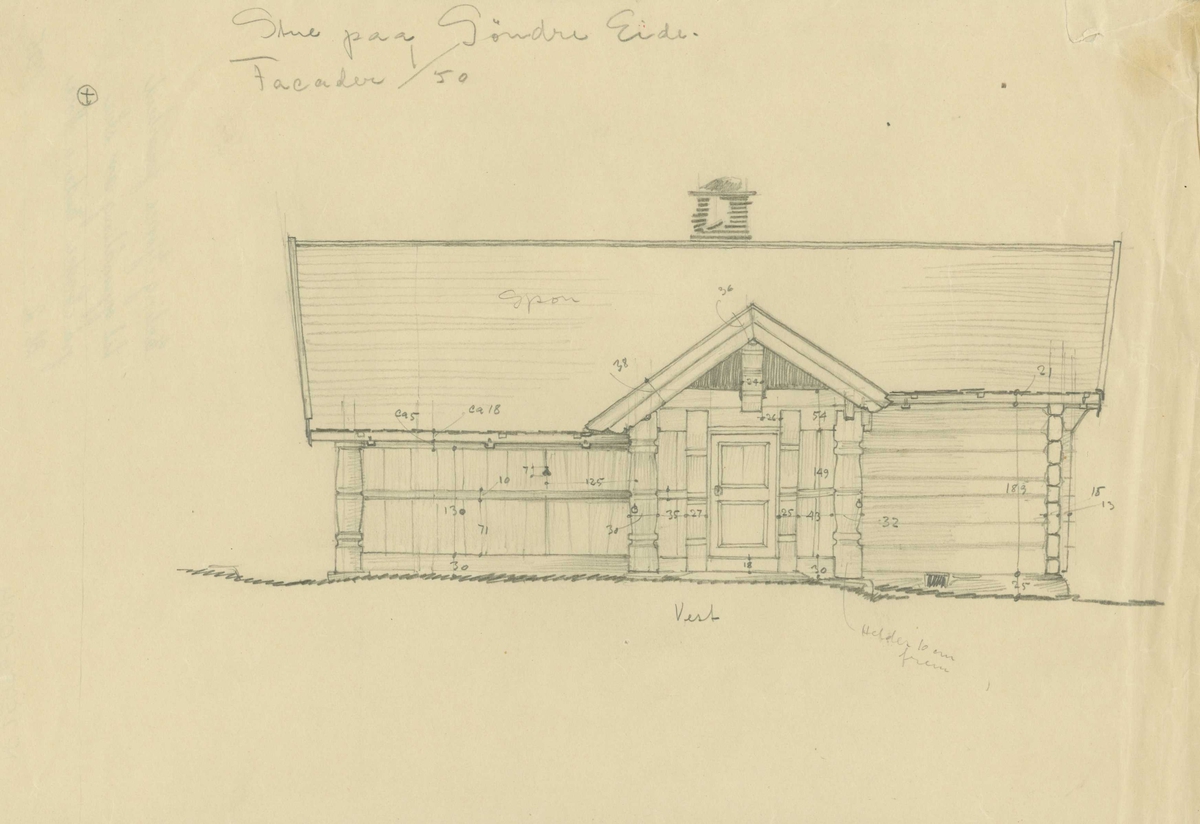 Erling Gjones forarbeid (1926) til oppmåling av stue på Søndre Eide i  Nore, Buskerud.