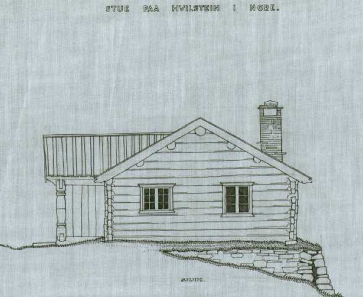 Erling Gjones tegning (1925) av stue på Hvilstein i Nore og Uvdall, Buskerud.