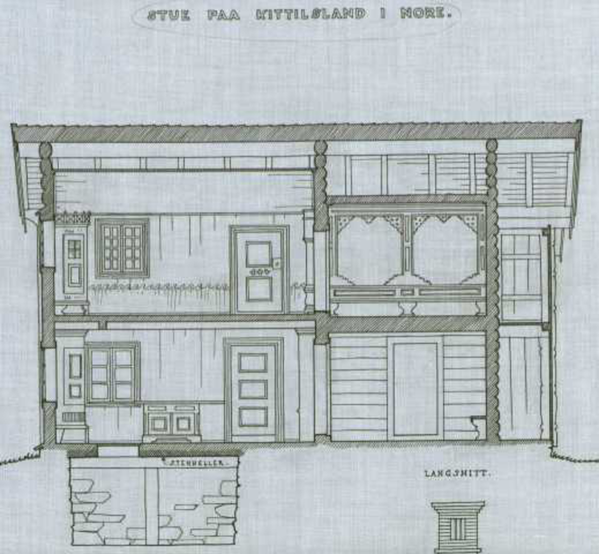 Erling Gjones snittegning (1926) av stue på Kittilsland i Nore og Uvdal, Buskerud.