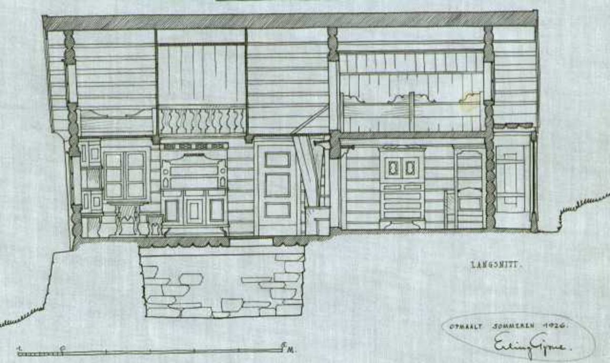 Erling Gjones tegning (1926) av stue på Søre Ro i Nore og Uvdal, Buskerud. Plan- og snittegning.