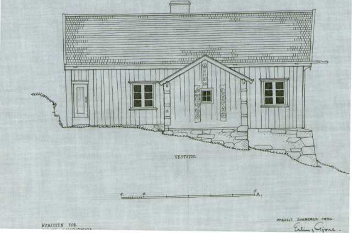 Erling Gjones tegning (1926) av stue på Søre Ro i Nore og Uvdal, Buskerud.