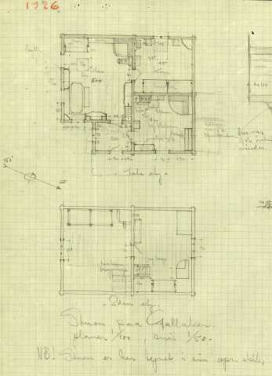 Erling Gjones tegning (1925) av stue, Gallaker, Nore og Uvdal, Buskerud. Plan- og snittegning.