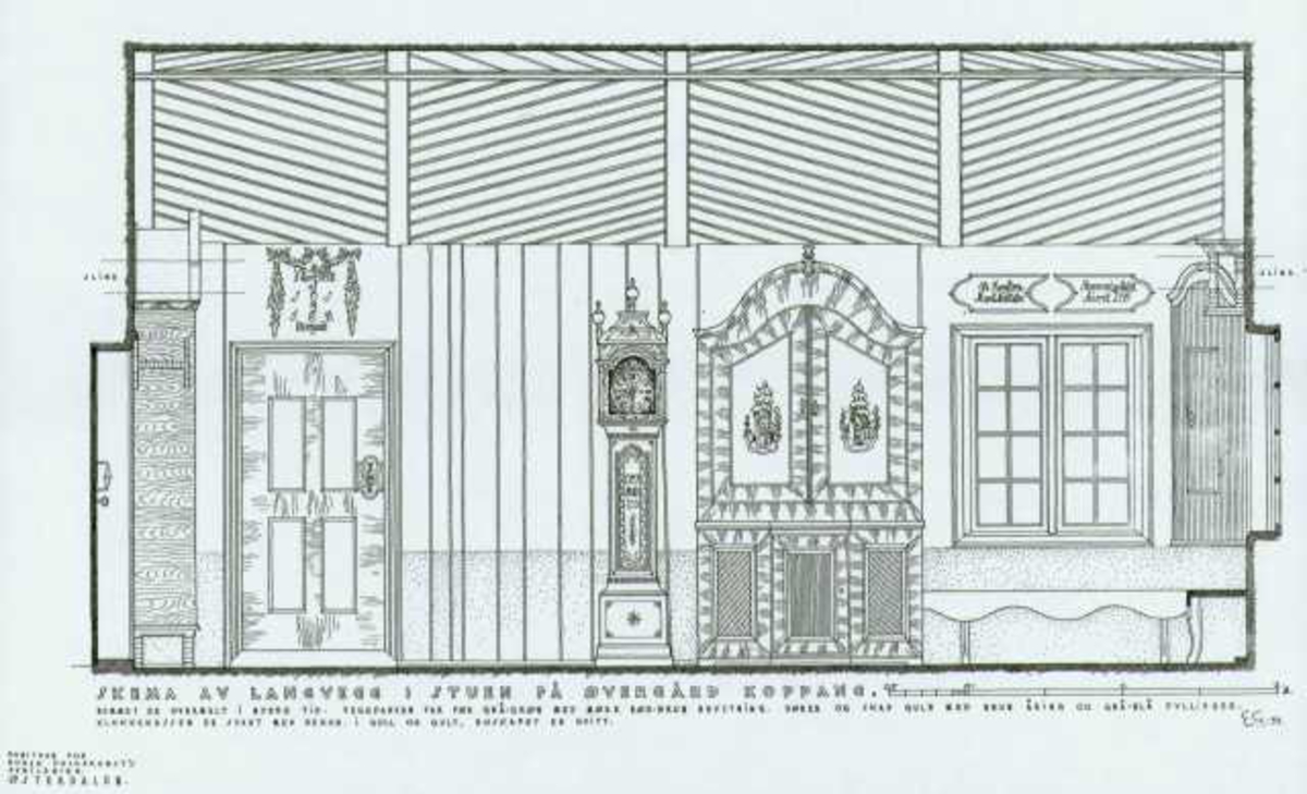 Erling Gjones tegning (1933) av langvegg i stuen, Øvergård, Koppang, Stor-Elvdal, Hedmark.
