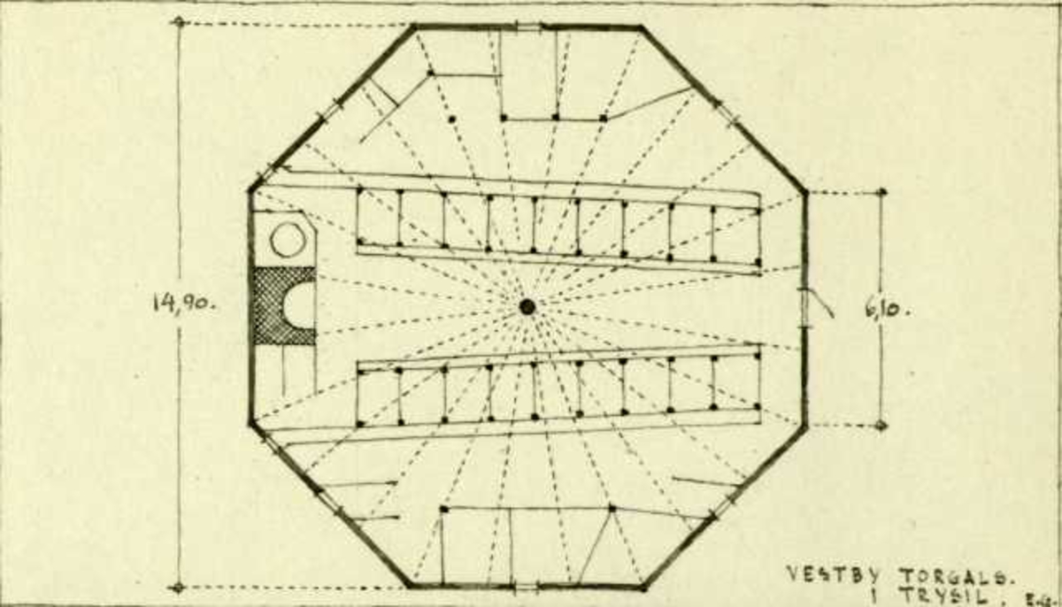 Erling Gjones oppmåling av åttekantet fjøs, Vestby (Torgals), Trysil, Hedmark.  Plantegning.