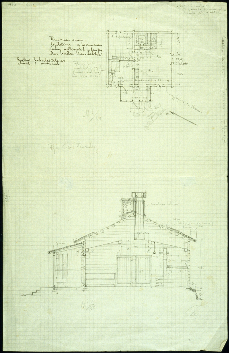 Erling Gjones tegning (1935) av stue, Ryen, Grue, Finnskog, Hedmark. Plan- og snittegning.