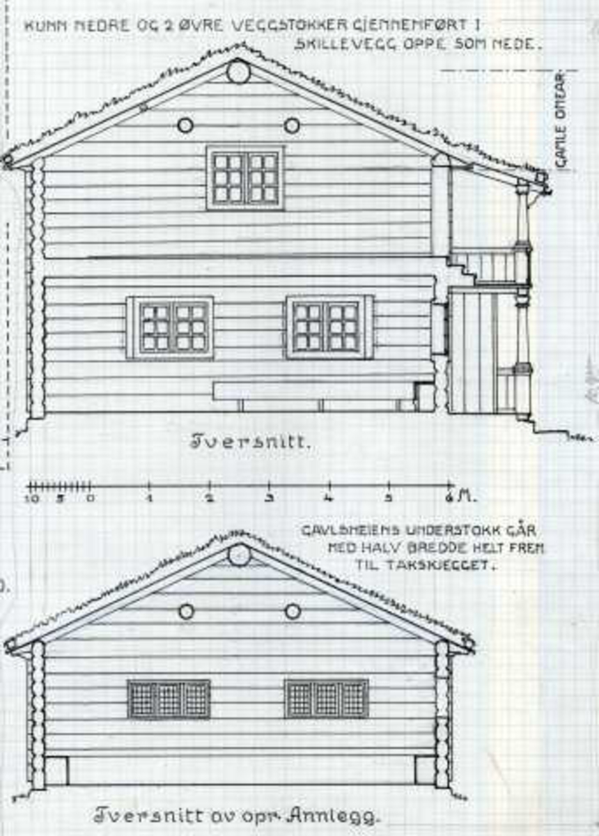 Johan J. Meyers tegning (1935) av tversnitt og grunnplan på hovedbygning, Vesterhaug, Elverum, Hedmark.