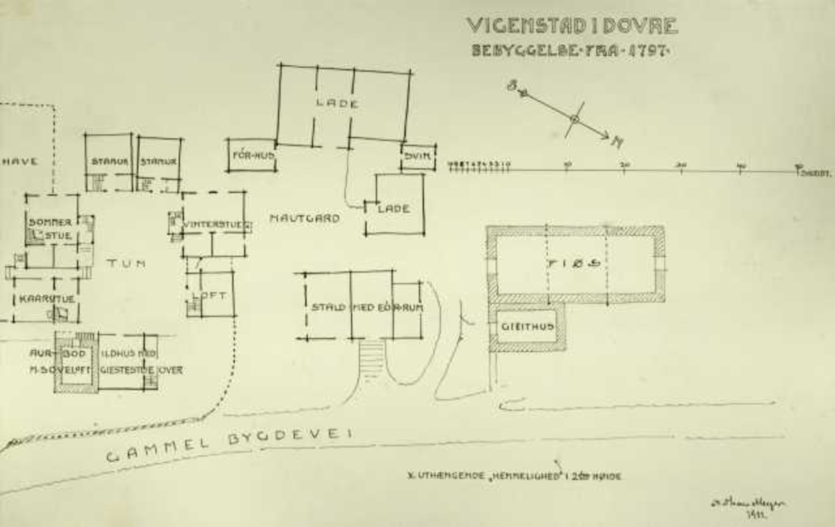 Johan Meyers oversiktstegning av gårdstun fra 1797, Vigenstad, Dovre. Tegnet 1911.                                                                                                                                           
