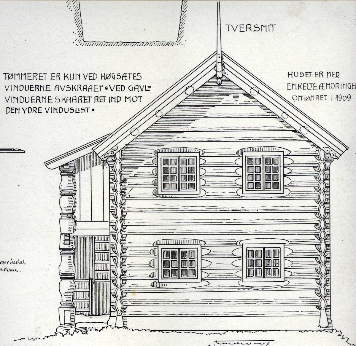 Johan J. Meyers tegning (1909) av langsnitt, tverrsnitt og grunnplan for hovedbygning fra 1805, Sisjord, Hjartdal, Telemark.
