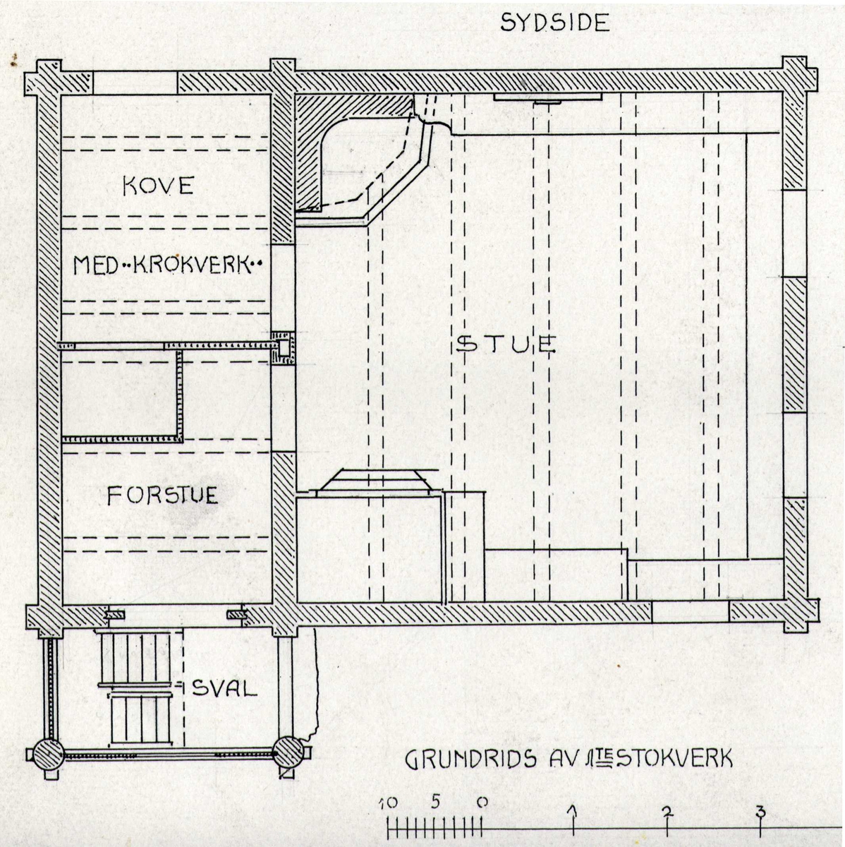 Johan J. Meyers tegning (1909) av langsnitt, tverrsnitt og grunnplan for hovedbygning fra 1805, Sisjord, Hjartdal, Telemark.
