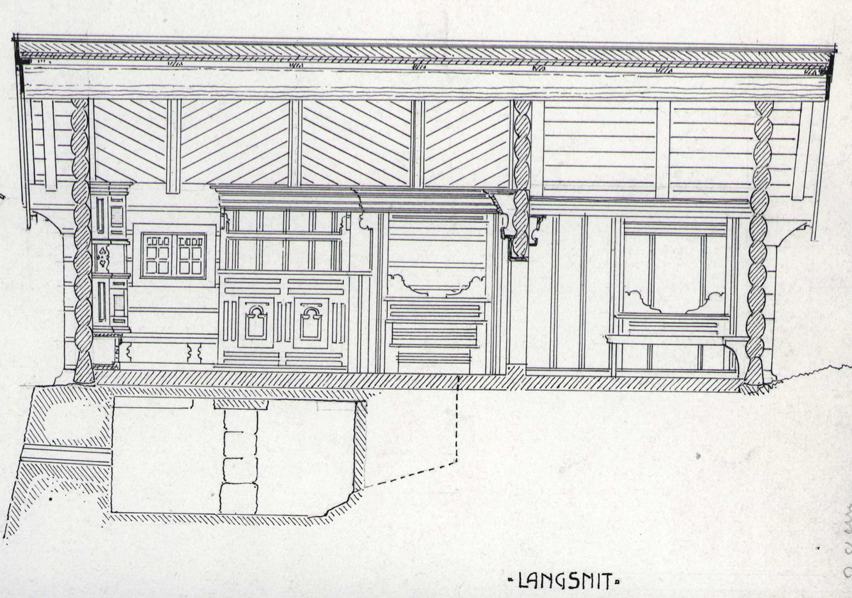 Johan J. Meyers tegning (1909) av stuebygning fra 1790 med langsnitt, tverrsnitt og grunnplan, Øverbø, Hjartdal, Telemark.
