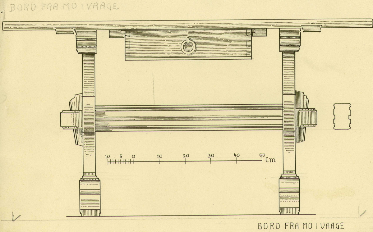 Johan Meyers tegning (1909) av bord og dørklinke ant. fra 1726, Mo, Vågå. Oppland.