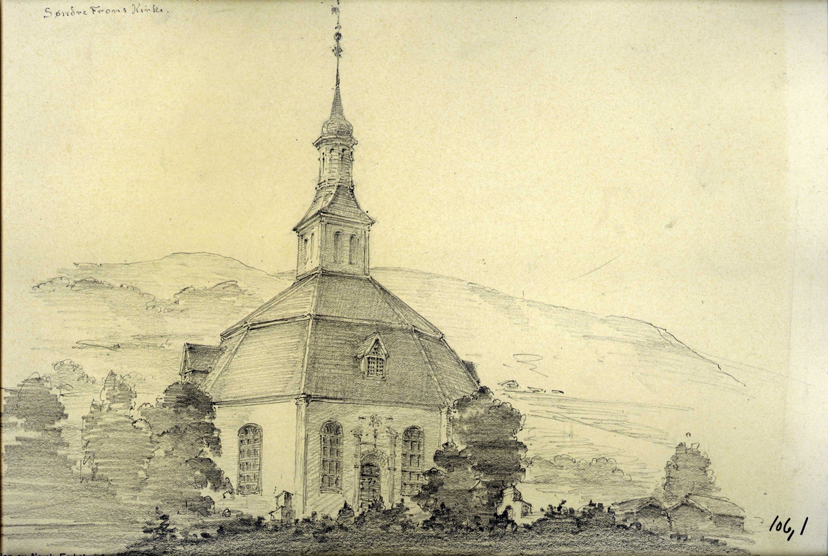 Tegning av Sør-Fron kirke, Sør-Fron, Oppland.