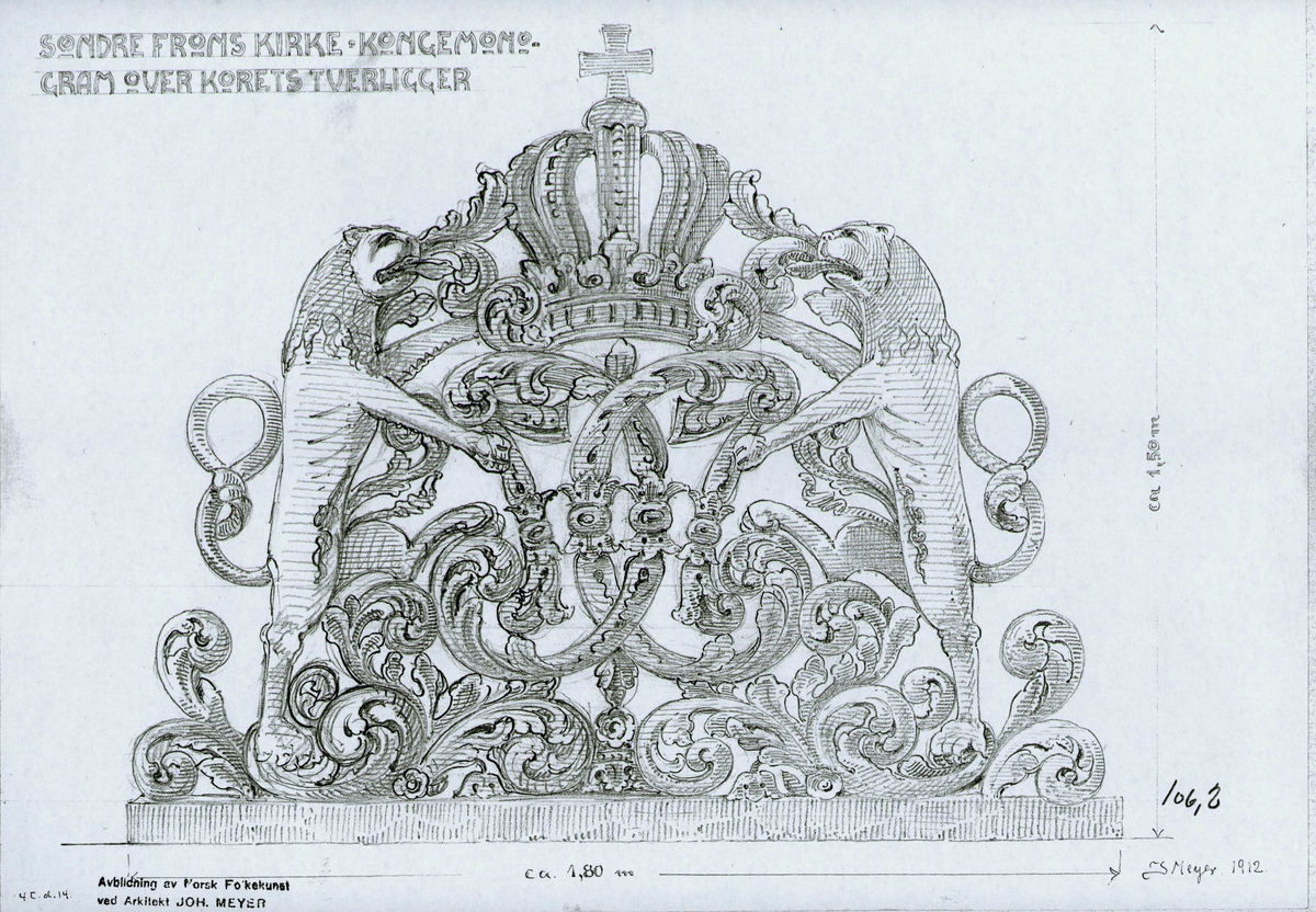 Johan J. Meyers tegning (1912) av kongemonogram over korets tverrligger,Sør-Fron kirke, Sør-Fron, Oppland.