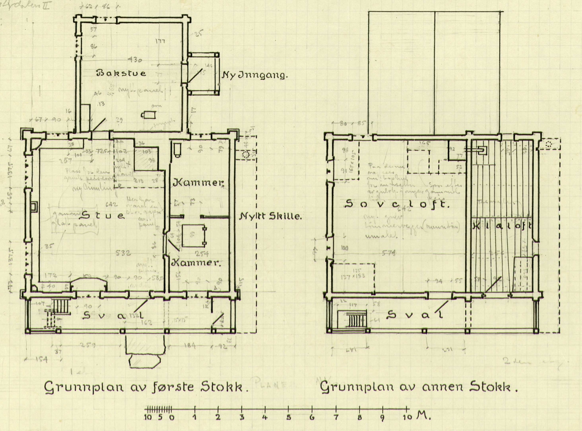 Johan J. Meyers tegning (1935) av hovedbygning, Storbekkmoen, Stor-Elvdal, Hedmark.