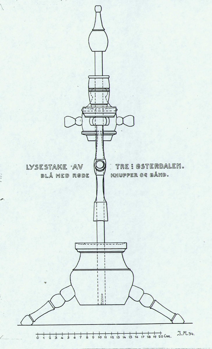 Johan J. Meyers tegning (1934) av lysestake i tre fra Østerdalen, Glomdalsmuseet, Elverum, Hedmark.