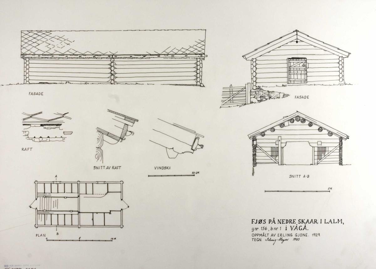 Solvieg Meyers tegning (1980) av fjøs. Nedre Skår, Lalm, Vågå, Oppland. Oppmålt av Erling Gjone 1929.